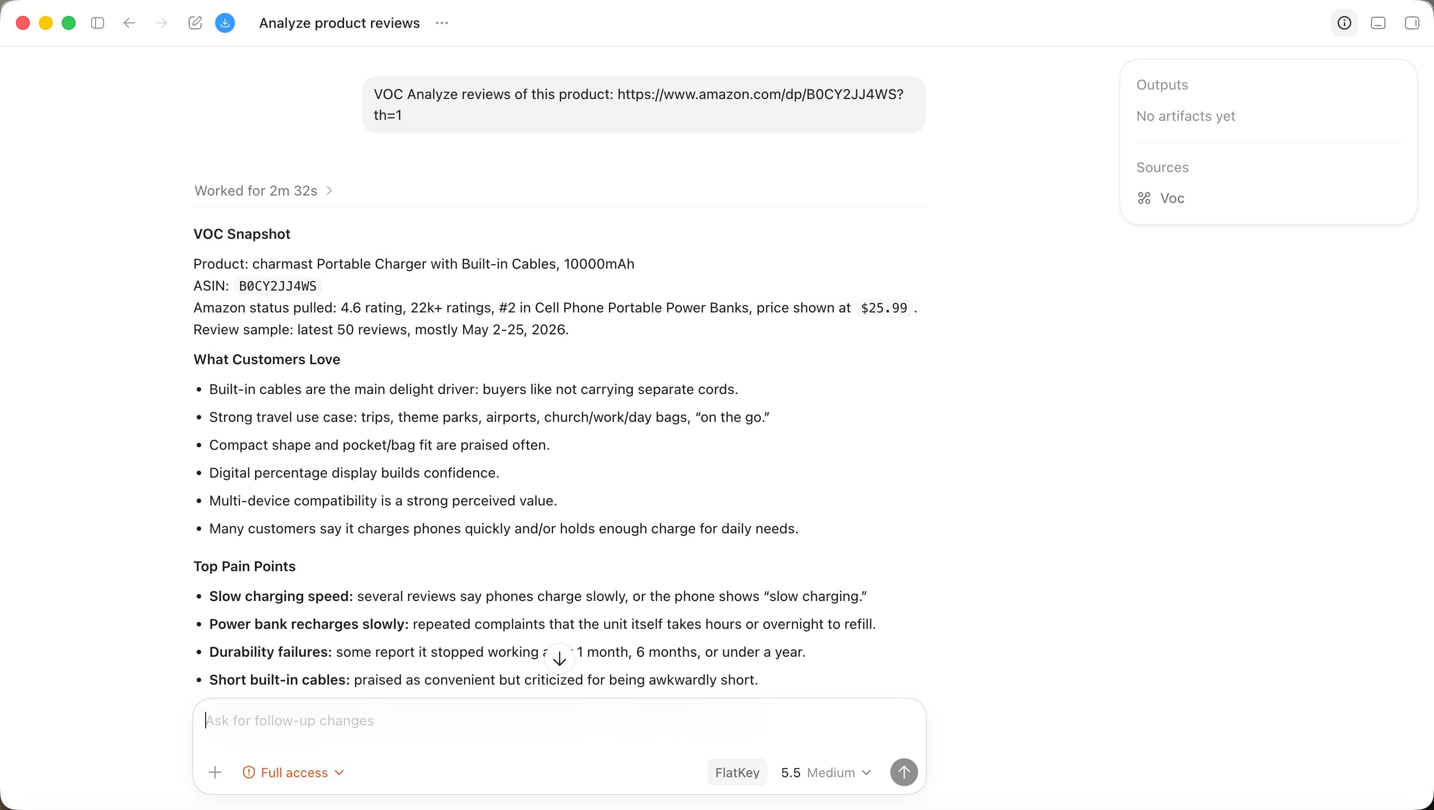 Codex showing a VOC product review analysis report from Amazon review data