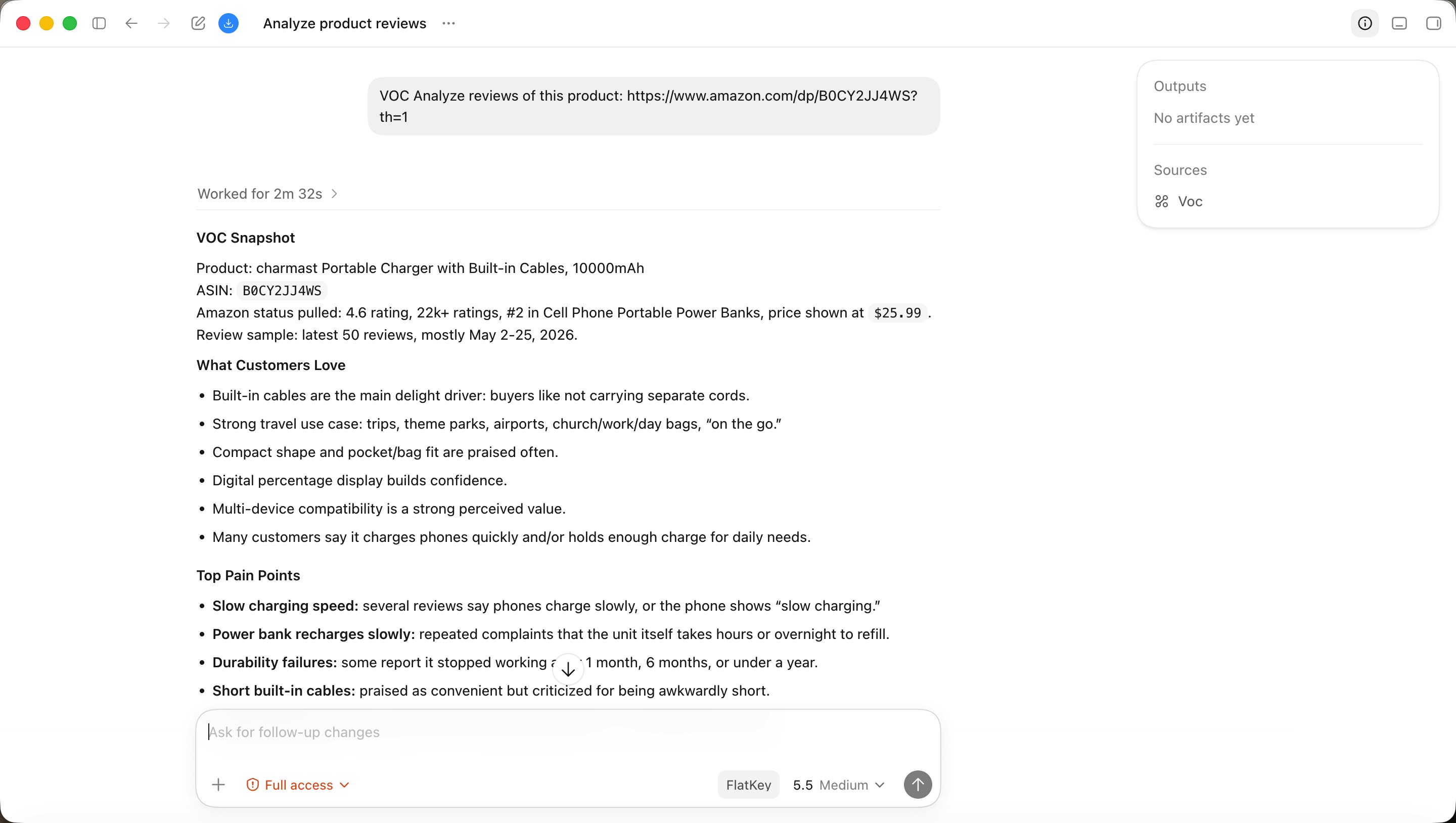 Codex showing a VOC product review analysis report from Amazon review data